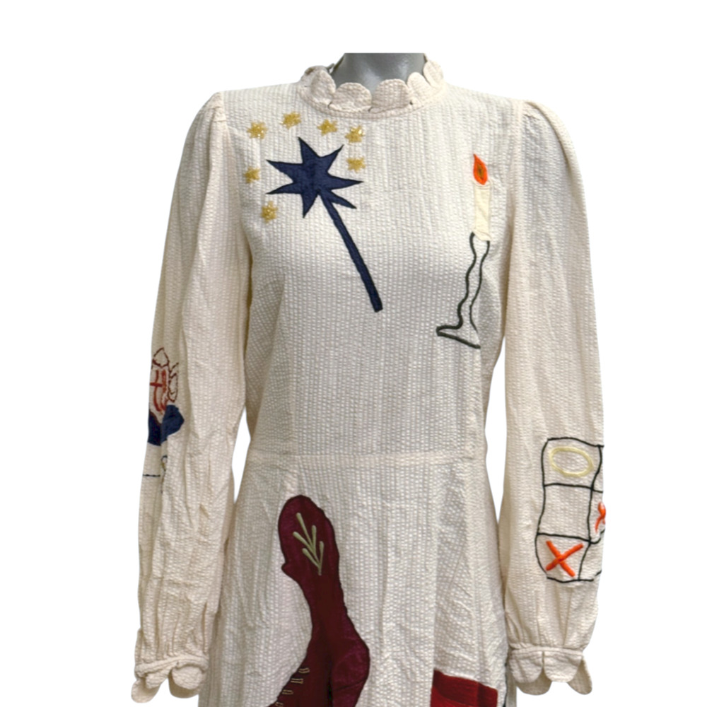 STELLA NOVA IVORY CIRCUS PRINTED APPLIQUE COTTON-SEERSUCKER MIDI DRESS SZ M US 8 - Picture 9 of 16